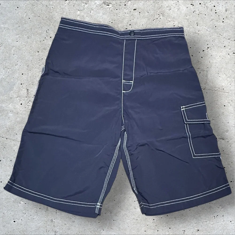 Lands' End Kids Swim Trunks Navy Mesh Lined Cargo Shorts Size L 12–14